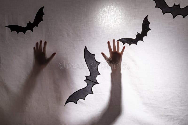 The shadow of a bat against a gray wall. A silhouette of an animal is cut
