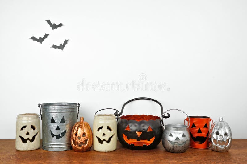 Halloween Shelf Display with Pumpkins, Black Candles and Spiders ...