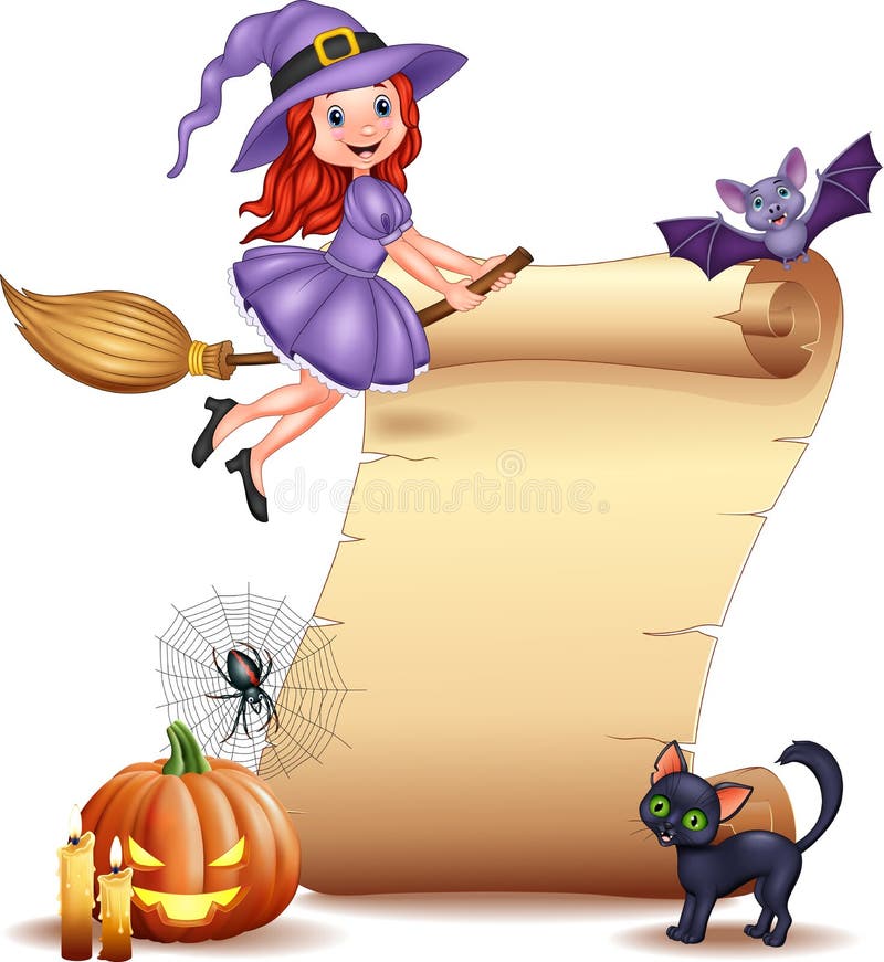 Halloween sign with little witch, bat, spider, web, candles, pumpkin and black cat royalty free illustration Halloween sign with little witch, bat, spider, web, candles, pumpkin and black cat royalty free illustration