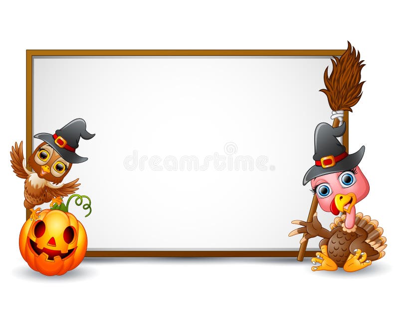 Halloween sign with witch hat, owl, turkey, and pumpkin