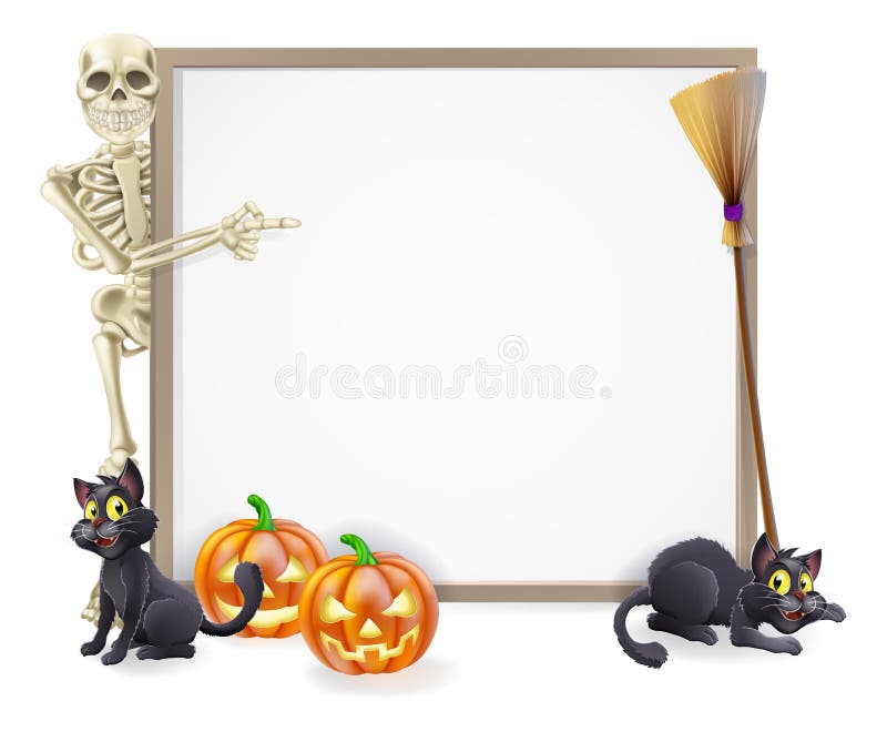 Halloween sign or banner with orange Halloween pumpkins and black witch's cats, witch's broom stick and cartoon skeleton character. Halloween sign or banner with orange Halloween pumpkins and black witch's cats, witch's broom stick and cartoon skeleton character