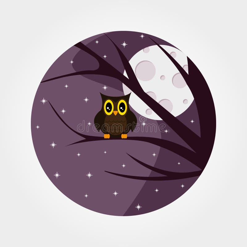 Halloween Sowa z ampułą przygląda się obsiadanie na gałąź przeciw gwiaździstemu nocnemu niebu i księżyc w pełni ilustracja wektor