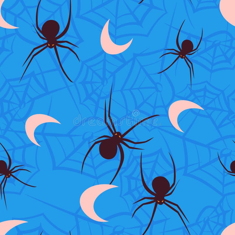 Blue halloween seamless vector pattern with spiderwebs and moon. Spiderwebs illustrations