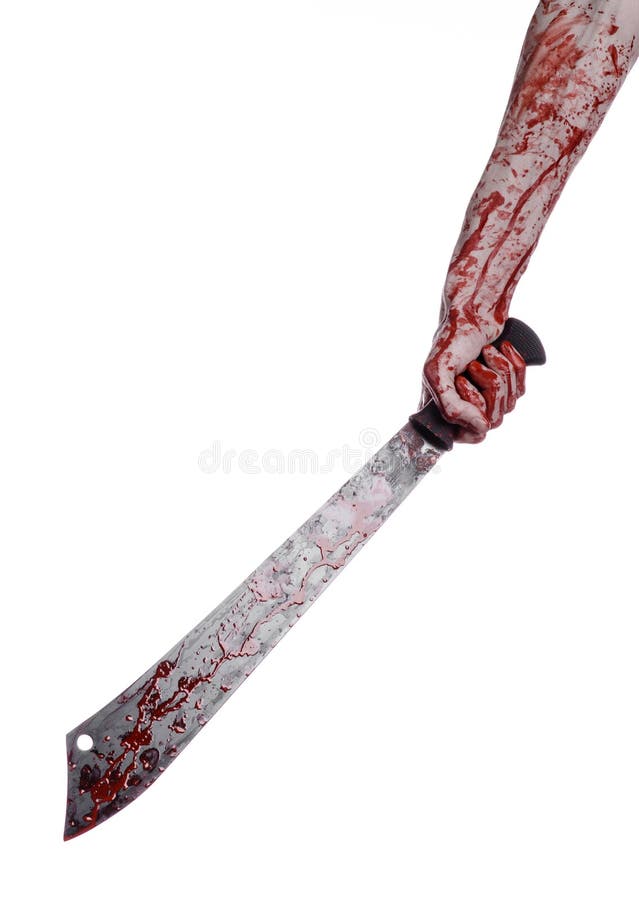 Halloween Theme Hand Holding A Bloody Machete On A White Background