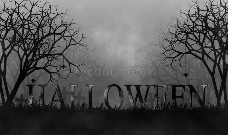 Halloween theme with text on horror cemetery at night stock illustration