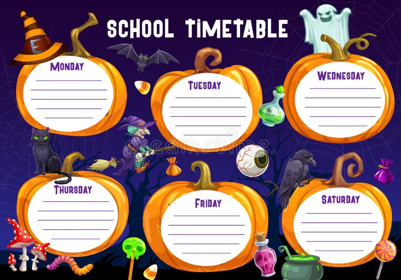 Halloween Timetable Schedule with Cartoon Pumpkins Stock Vector