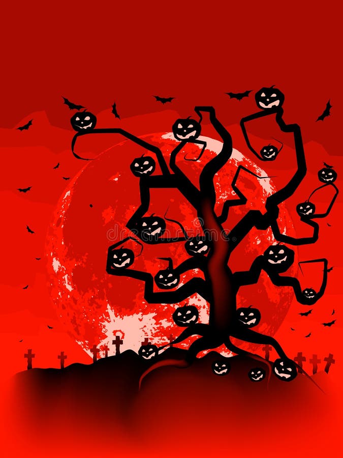 Halloween Tree with Bats and Pumpkins. EPS 8