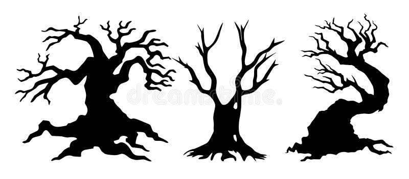 A three creepy horror trees. Grass night sky background vectors