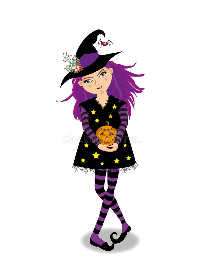 Halloween Vector Illustration of Young Witch Girl with Purple Hair on ...