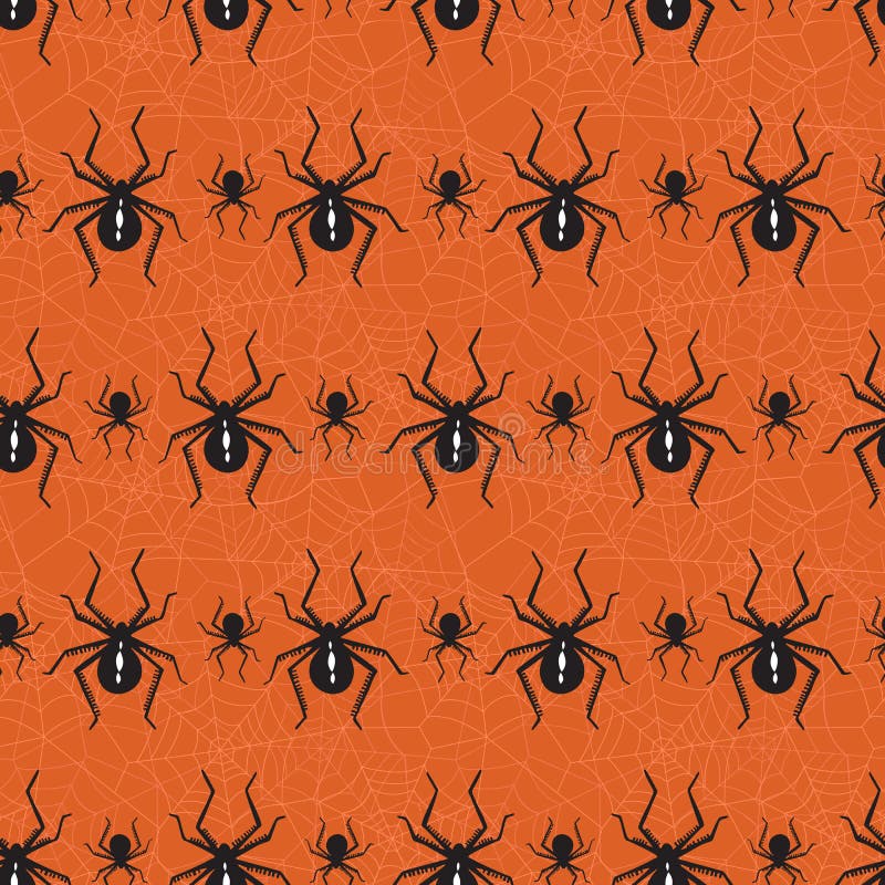 Halloween Vector Seamless Pattern With Black Widow Spiders and Spider Web on Orange Background. Elegant Spooky Holiday Texture Perfect for Gift Wrapping, Home Decor and Textiles
