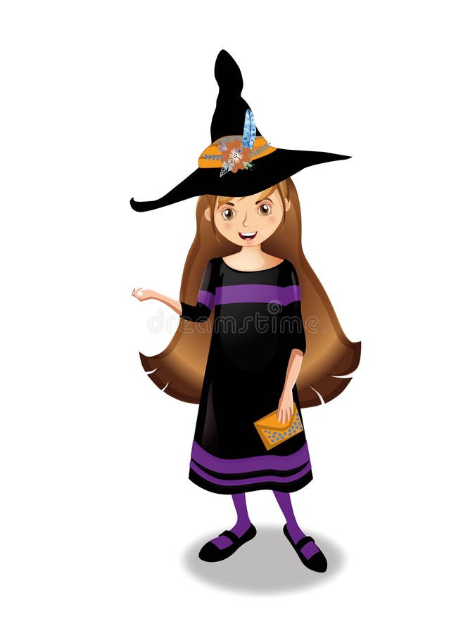 Halloween-Vektorillustration des jungen Hexenmädchens mit dem braunen Haar auf weißem Hintergrund vektor abbildung Halloween-Vektorillustration des jungen Hexenmädchens mit dem braunen Haar auf weißem Hintergrund vektor abbildung