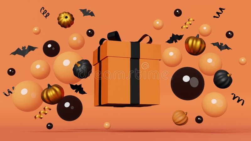 Halloween venta calabazas caja de regalo murciélagos voladores negros burbujas flotantes cintas de animación 3d. acción de gracias