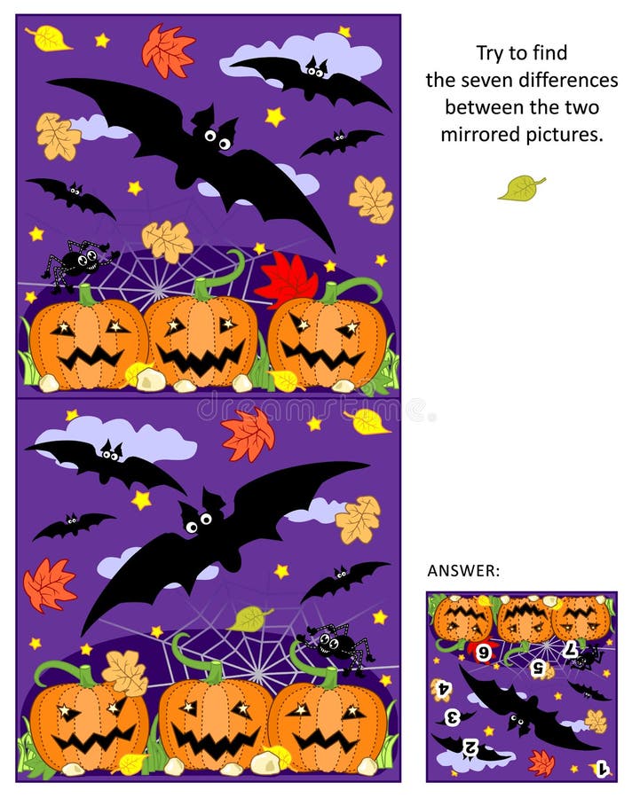 Halloween vindt de verschillen tussen het weerspiegelde beeldenraadsel met vliegende knuppels en pompoengebied stock illustratie Halloween vindt de verschillen tussen het weerspiegelde beeldenraadsel met vliegende knuppels en pompoengebied stock illustratie