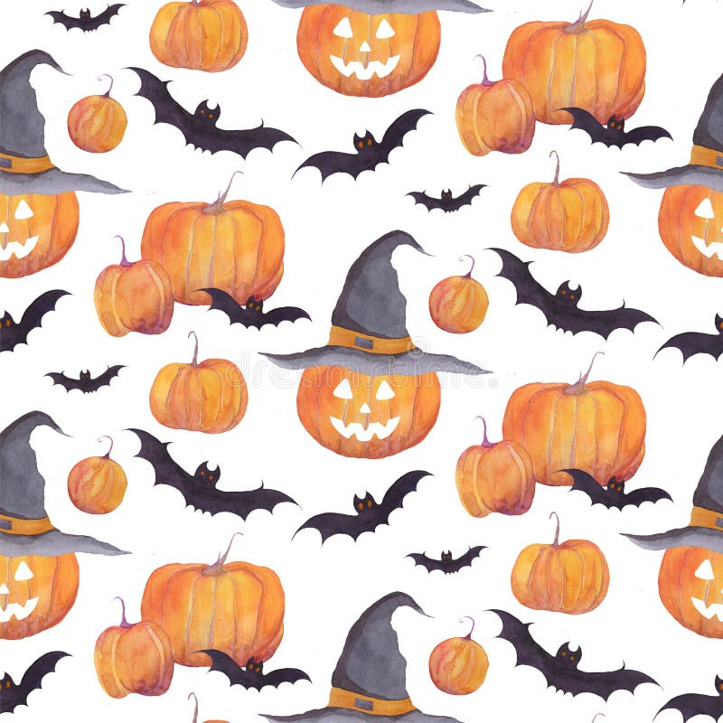 Halloween Watercolor Pattern with Pumpkins, Bats, Funny Ghosts and ...