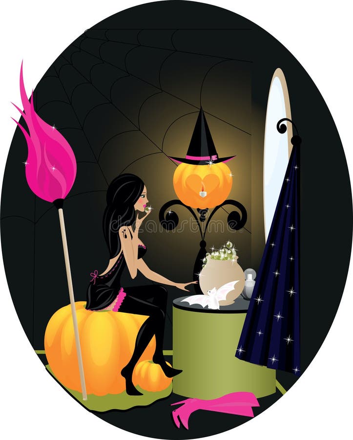 Witch in room wih bat, broom, hat and pumpkin. Witch in room wih bat, broom, hat and pumpkin