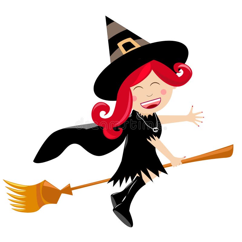 Happy Halloween Child Witch Flying on Broom Stock Illustration ...