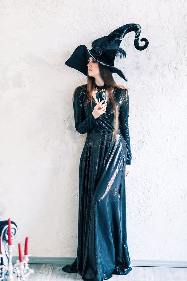 Halloween Witch in Black Dress Stock Photo - Image of fashion, female ...
