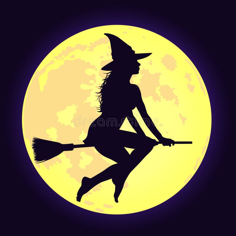 Silhouette of witch with long hair flying on broomstick and yellow shining ...