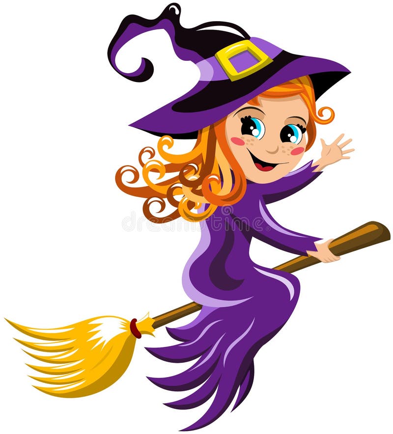 Halloween Witch Flying Broom Kid Greeting Stock Vector - Illustration ...
