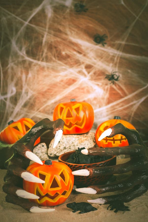 Halloween witch hands and Jack-O-Lanterns royalty free stock image Halloween witch hands and Jack-O-Lanterns royalty free stock image