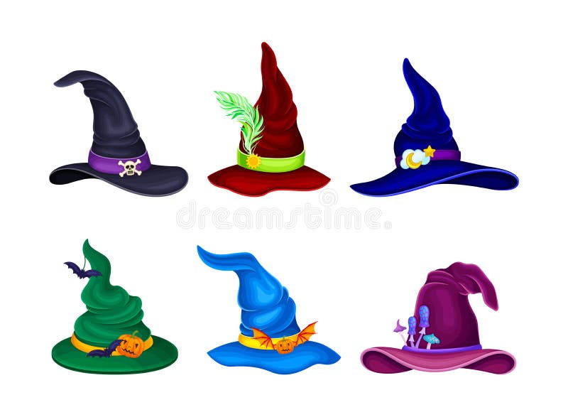 Halloween Witch Hats Set. Colorful Pointed Magician and Wizard Hats ...