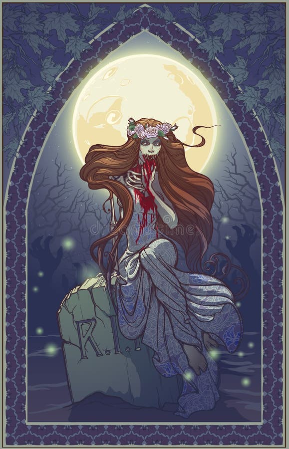 Halloween zimbie-bruden som sitter på en grav sten i den månbelysta skogen över kyrkogården Halloween-hälsningskort stock illustrationer