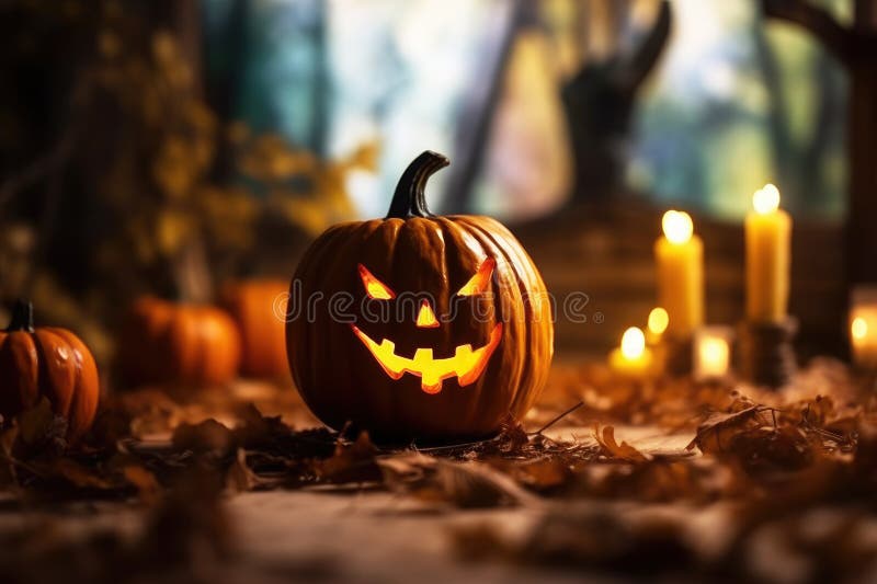 Halloween świecąca dynia w jesiennym ponurym lesie w nocy obrazy royalty free