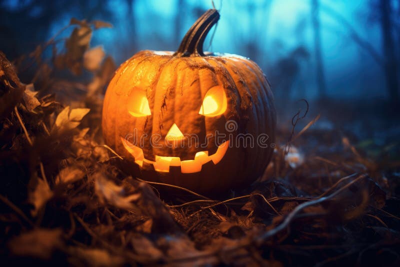 Halloween świecąca dynia w jesiennym ponurym lesie w nocy fotografia royalty free