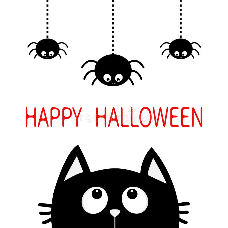 Halloween счастливый Силуэт головы стороны черного кота смотря до 3 вися на насекомом паука сети штрихового пунктира Милый персон бесплатная иллюстрация