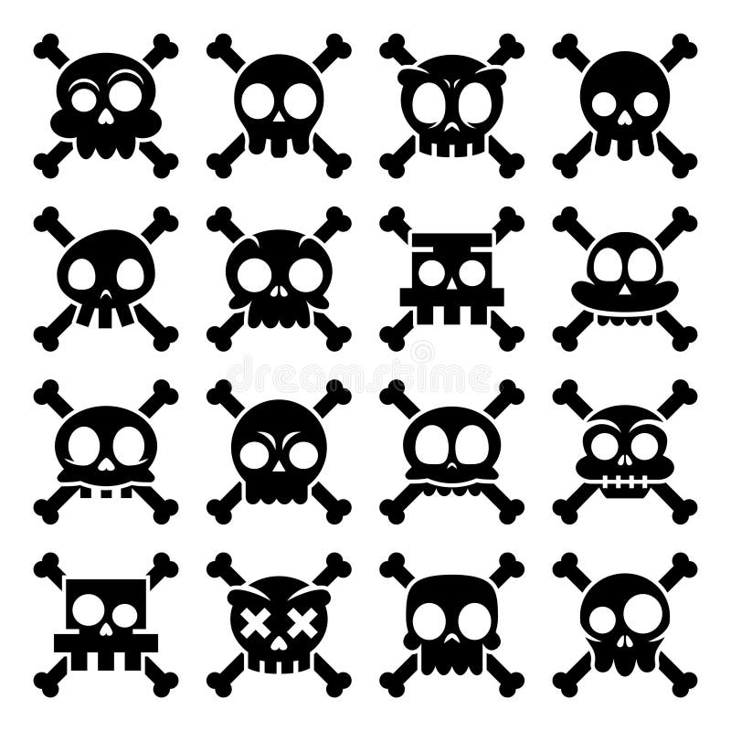 Halloweenowa kreskówki czaszka z kości ikonami, Meksykański śliczny czarny cukrowy czaszka projekta set, Dia De Los Muertos ilustracji Halloweenowa kreskówki czaszka z kości ikonami, Meksykański śliczny czarny cukrowy czaszka projekta set, Dia De Los Muertos ilustracji