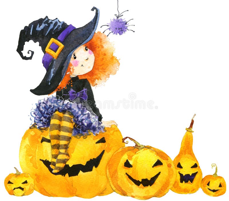 Halloweenowa wakacyjna małej dziewczynki czarownica, bania i ilustracja wektor Halloweenowa wakacyjna małej dziewczynki czarownica, bania i ilustracja wektor