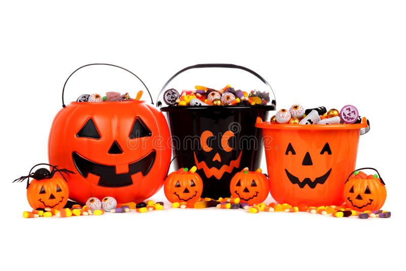 Group of assorted Halloween Jack o Lantern candy collectors isolated on a white background. Group of assorted Halloween Jack o Lantern candy collectors isolated on a white background