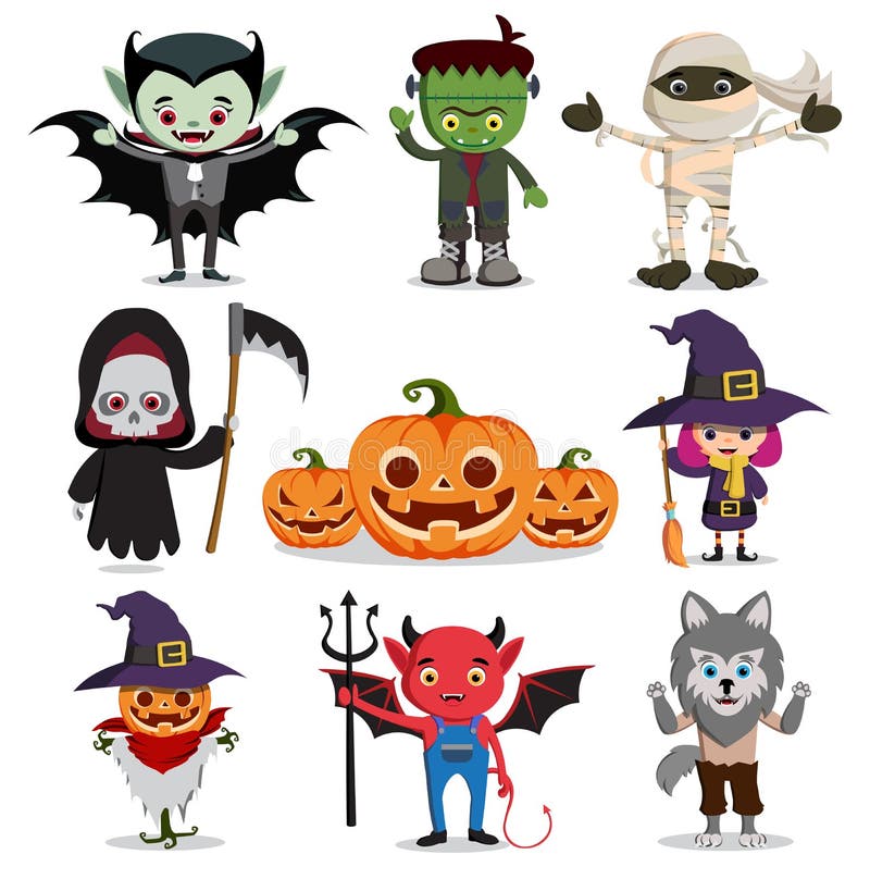 Halloweenowi wektorowi charaktery ustawiający Płascy straszni kreskówka horroru elementy ilustracji Halloweenowi wektorowi charaktery ustawiający Płascy straszni kreskówka horroru elementy ilustracji