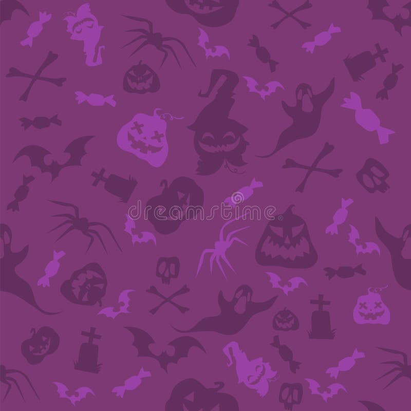 Halloweenowy bani, kości, nietoperzy i czaszek bezszwowy wzór, Fiołkowa wektorowa ilustracja w kreskówka stylu dla wakacyjnego pl ilustracji Halloweenowy bani, kości, nietoperzy i czaszek bezszwowy wzór, Fiołkowa wektorowa ilustracja w kreskówka stylu dla wakacyjnego pl ilustracji