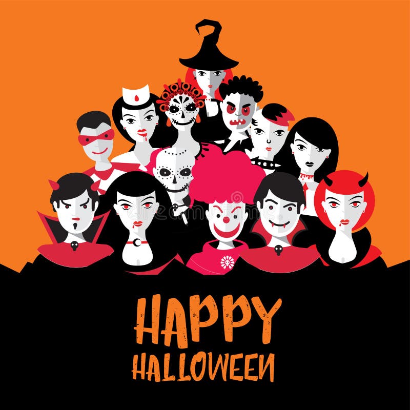 Halloweenowy illustartion z ludźmi w kostiumach Nocy przyjęcie z potworami Cosplay grupa P? aska ilustracja ilustracji
