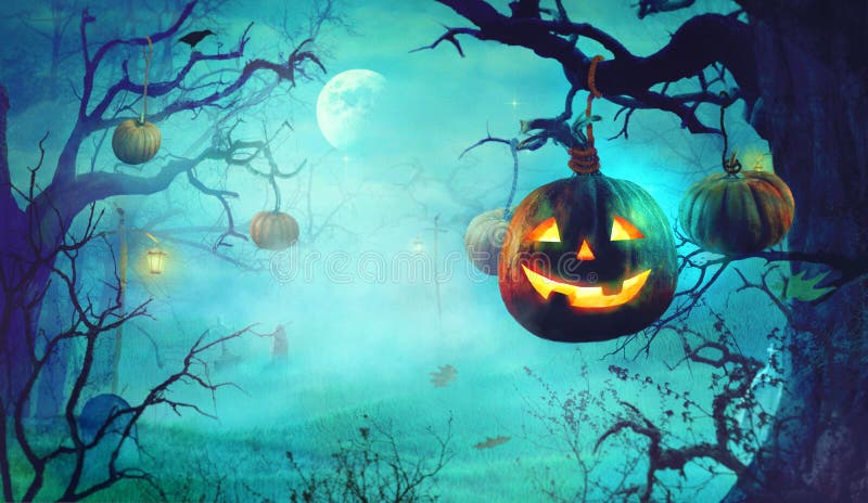 Halloweenowy temat z baniami i ciemnym lasowym Strasznym Halloween royalty ilustracja Halloweenowy temat z baniami i ciemnym lasowym Strasznym Halloween royalty ilustracja