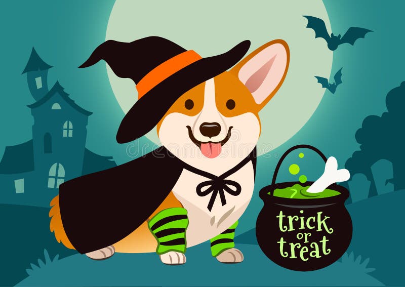 Halloweenowy śliczny uśmiechnięty Welsh corgi pies w czarownica kostiumu, czarny h royalty ilustracja Halloweenowy śliczny uśmiechnięty Welsh corgi pies w czarownica kostiumu, czarny h royalty ilustracja