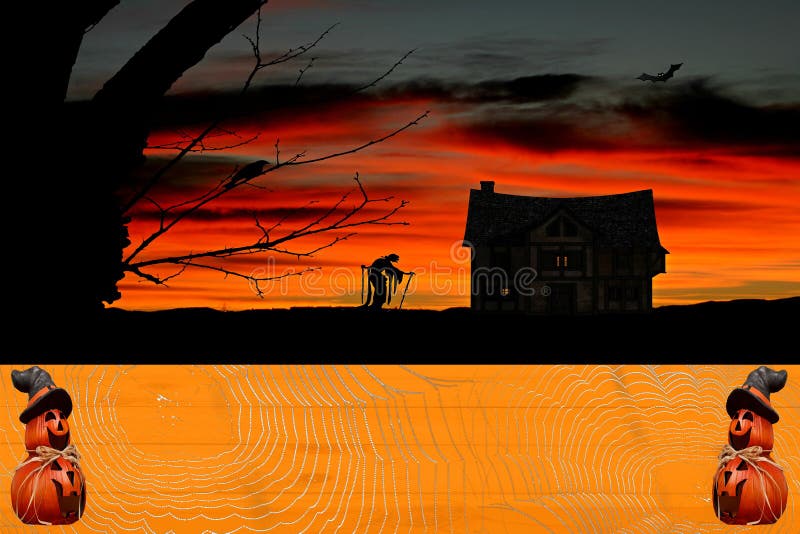 Halloweenowy świętowania tło pomarańczowa bania barwił drewnianego stół zakrywającego w spiderwebs z baniami jest ubranym czarown fotografia stock Halloweenowy świętowania tło pomarańczowa bania barwił drewnianego stół zakrywającego w spiderwebs z baniami jest ubranym czarown fotografia stock