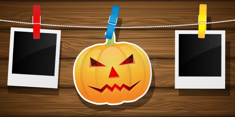 Hallowen background with pumpkin and blank photo frame.