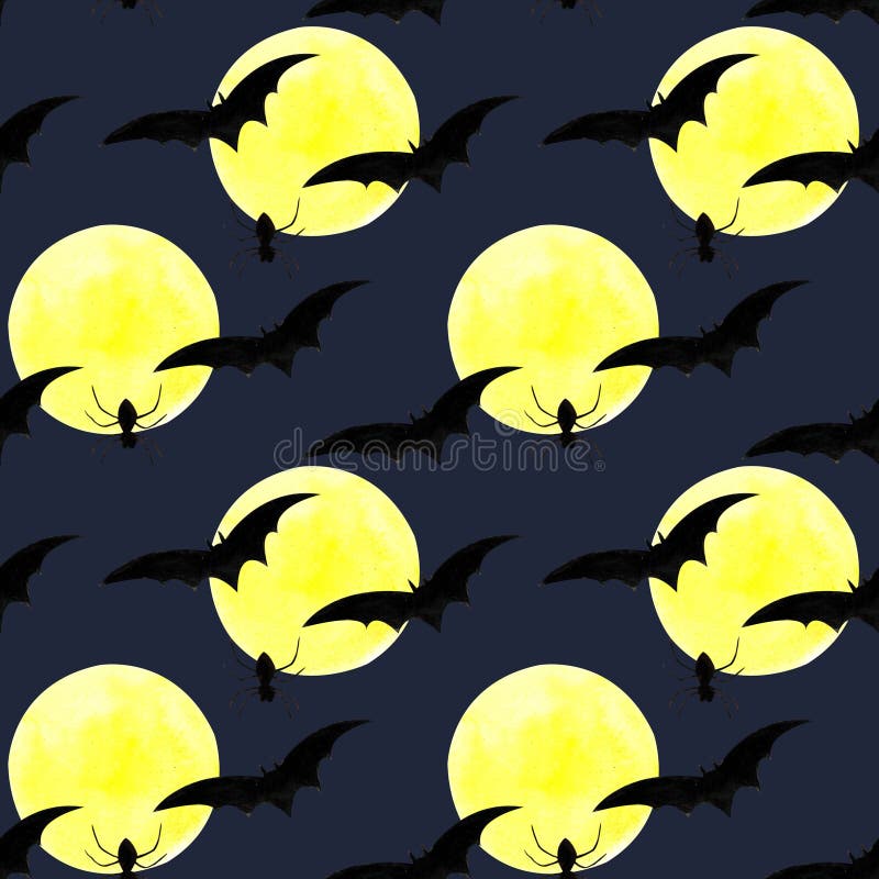 Hallowen seamless pattern with flying bats, moon, spider on dark blue background. Watercolor illustration
