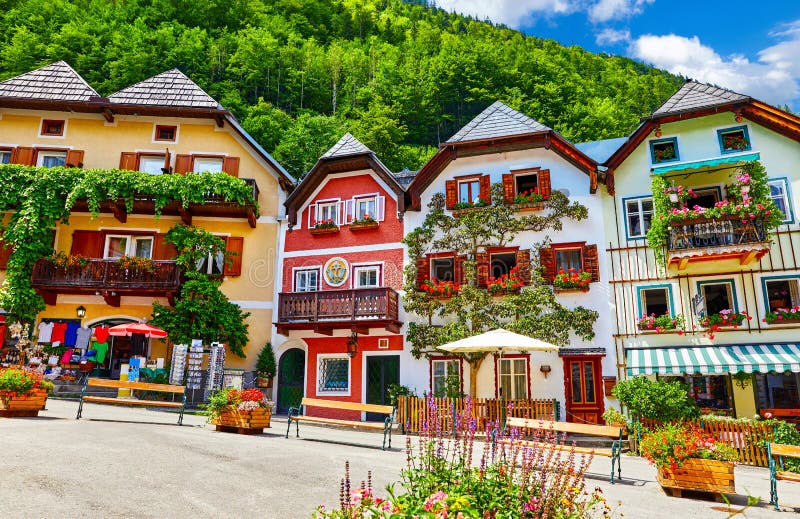 Hallstatt Austria central market square traditional houses stock photos Hallstatt Austria central market square traditional houses stock photos