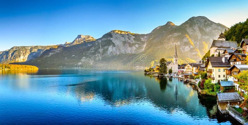 Hallstatt, Austria. Picturesque town on alpine lake Hallstatter See in Austrian Alps mountains. Autumn season.