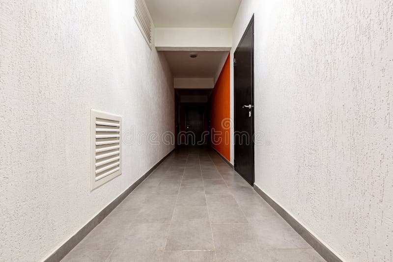 Hallway with Many Doors. Perspective Wide Angle. Nobody Inside. Stock