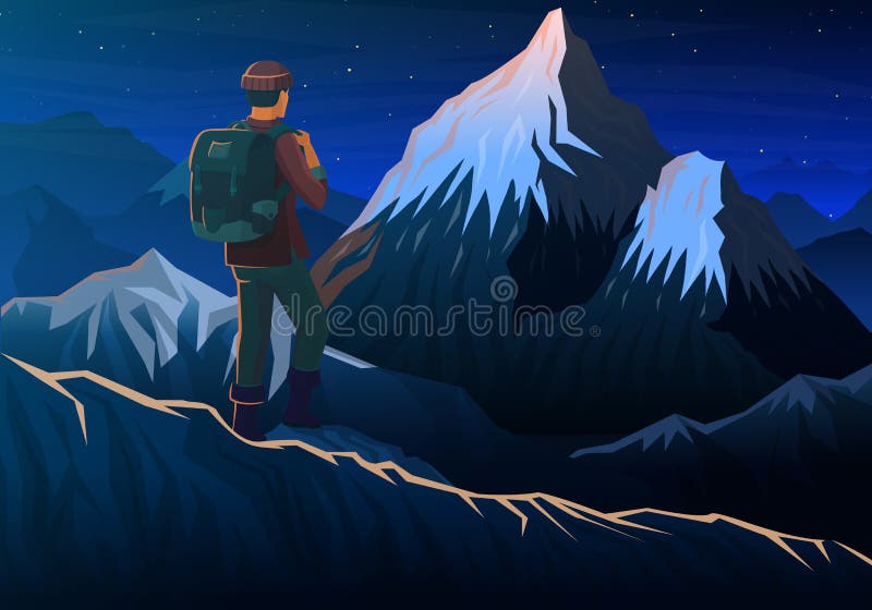 Halny Everest z turystą, noc panoramiczny szczyty widok, krajobraz wcześnie w świetle dziennym podróż lub camping wspina się, ilustracji Halny Everest z turystą, noc panoramiczny szczyty widok, krajobraz wcześnie w świetle dziennym podróż lub camping wspina się, ilustracji