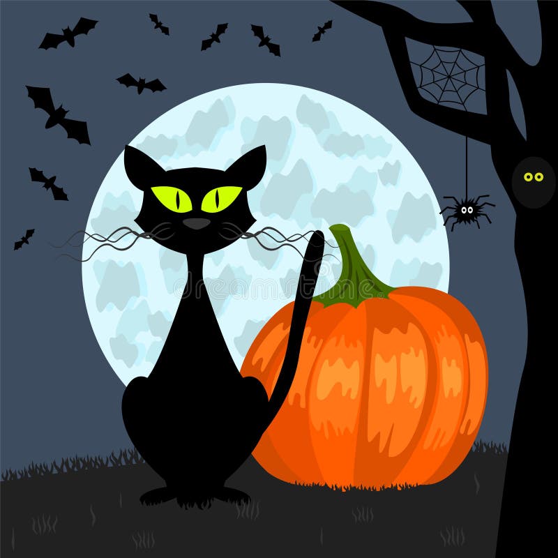 Haloween sfondo con la zucca, gatti, pipistrelli e la luna.