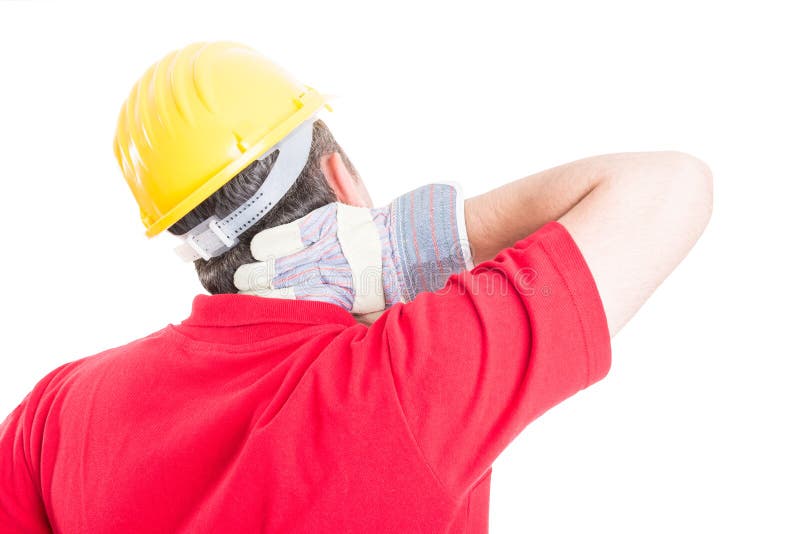 Constructor, builder or contractor suffering back neck pain after work, stress or accident. Constructor, builder or contractor suffering back neck pain after work, stress or accident