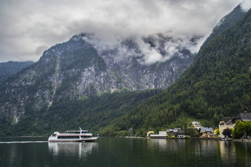 Halstatt, Austria on foggy moody summer day