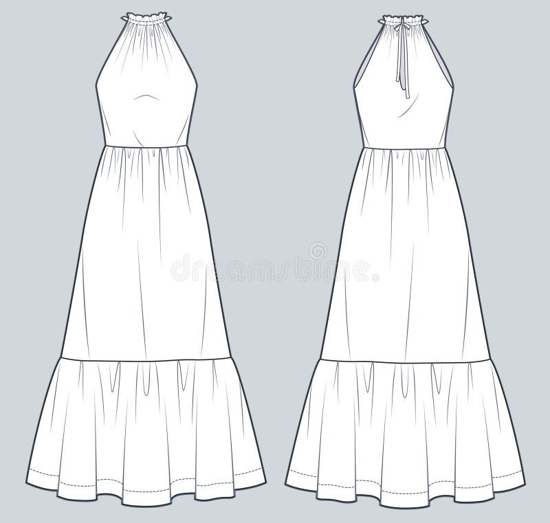 Halter Dress Technical Fashion Illustration. Tiered Maxi Dress Fashion ...