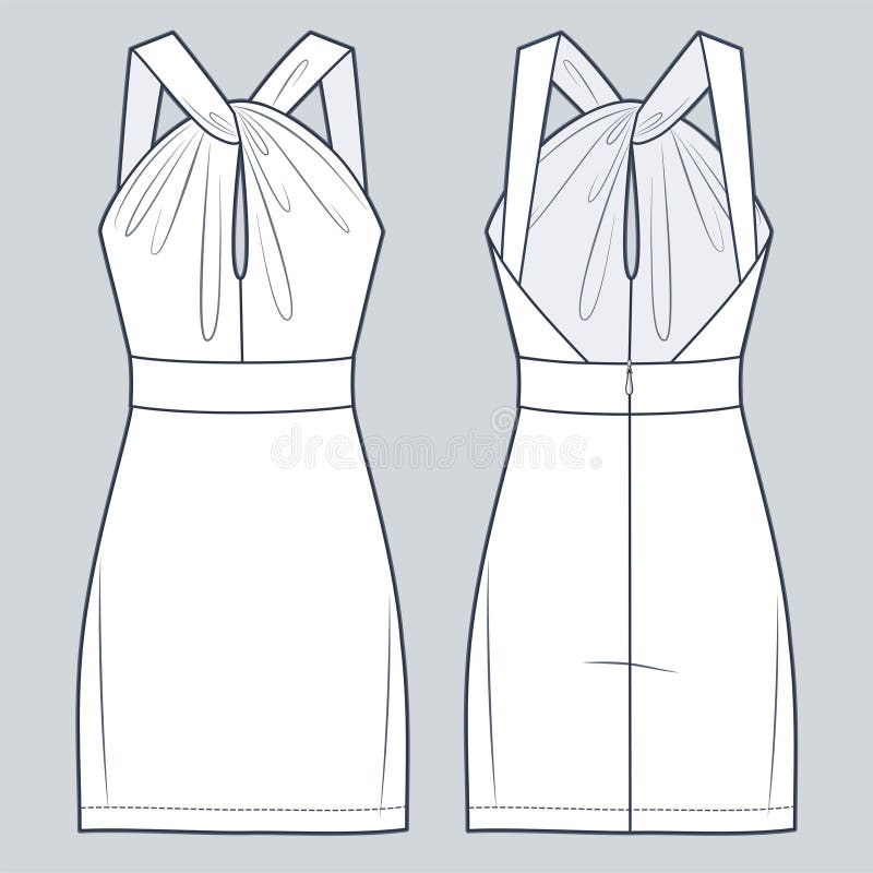 Women Halter Mini Dress Technical Fashion Illustration. Tiered Dress ...