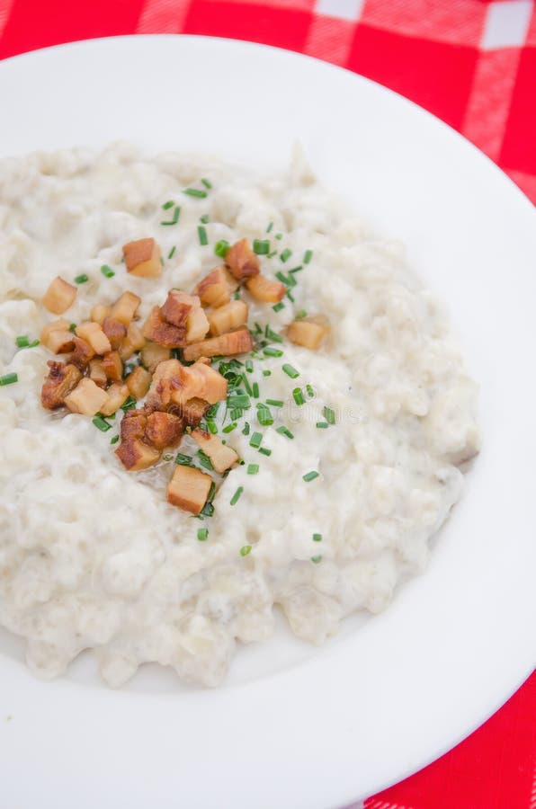 Halusky with bryndza sheep cheese and bacon, which is potato dough dumpling, similar gnocchi(Slovakian cuisine)